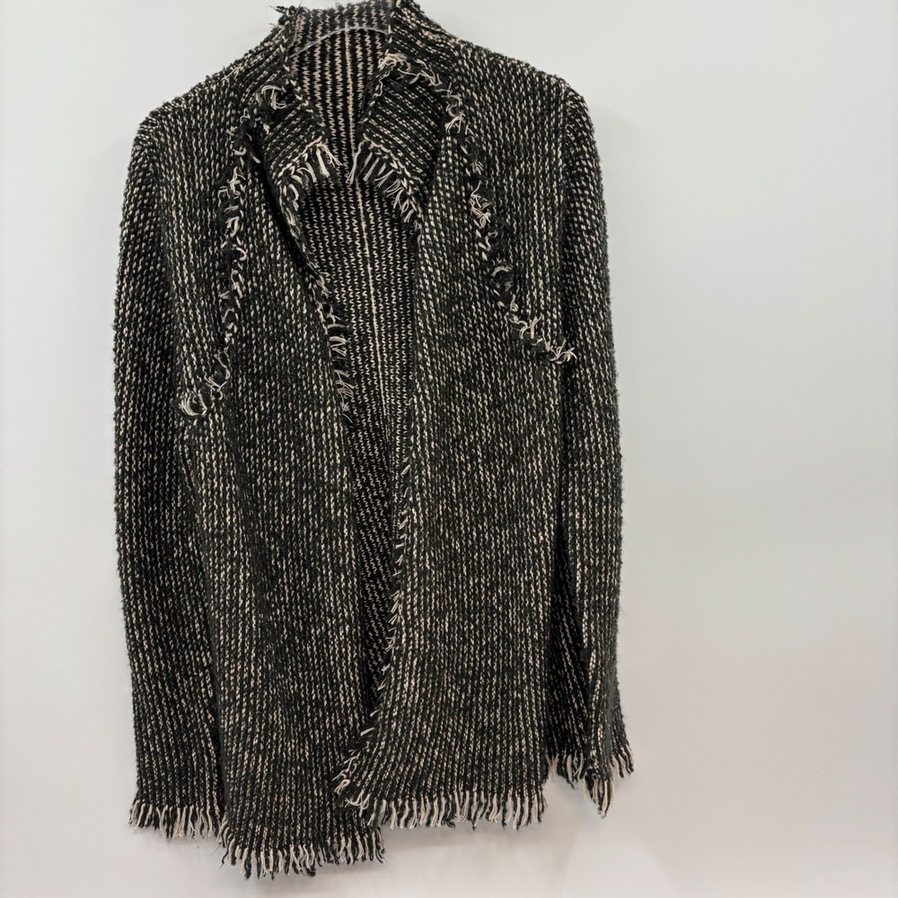 Marc Aurel Cardigan Women 40 Black Cream Fringe Trim Open Front Textured Knit